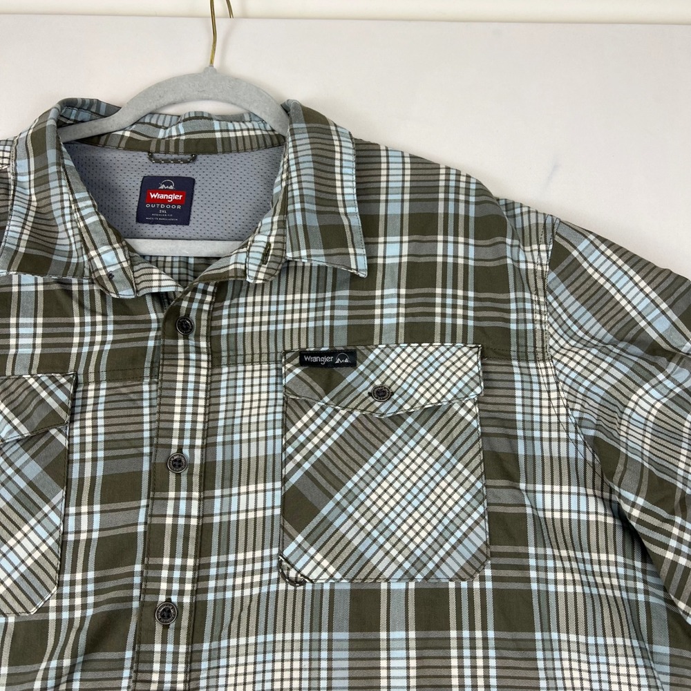 Wrangler Outdoor Shirt Plaid 2XL Green Blue Stretch Cotton Excellent Hiking